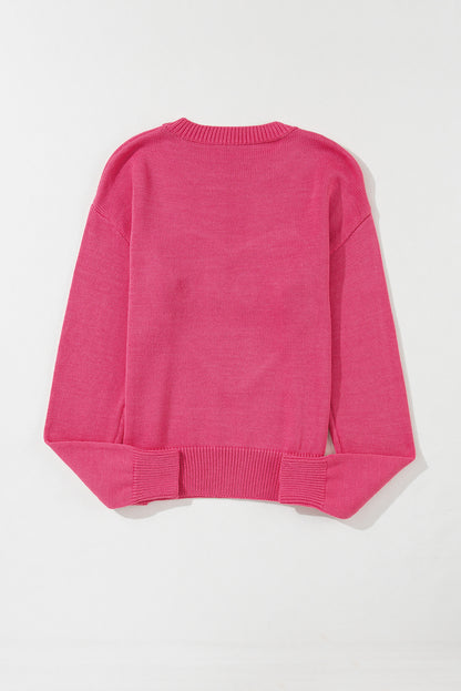 Heart Xoxo Pattern Drop Shoulder Rib Knit Sweater | Rose