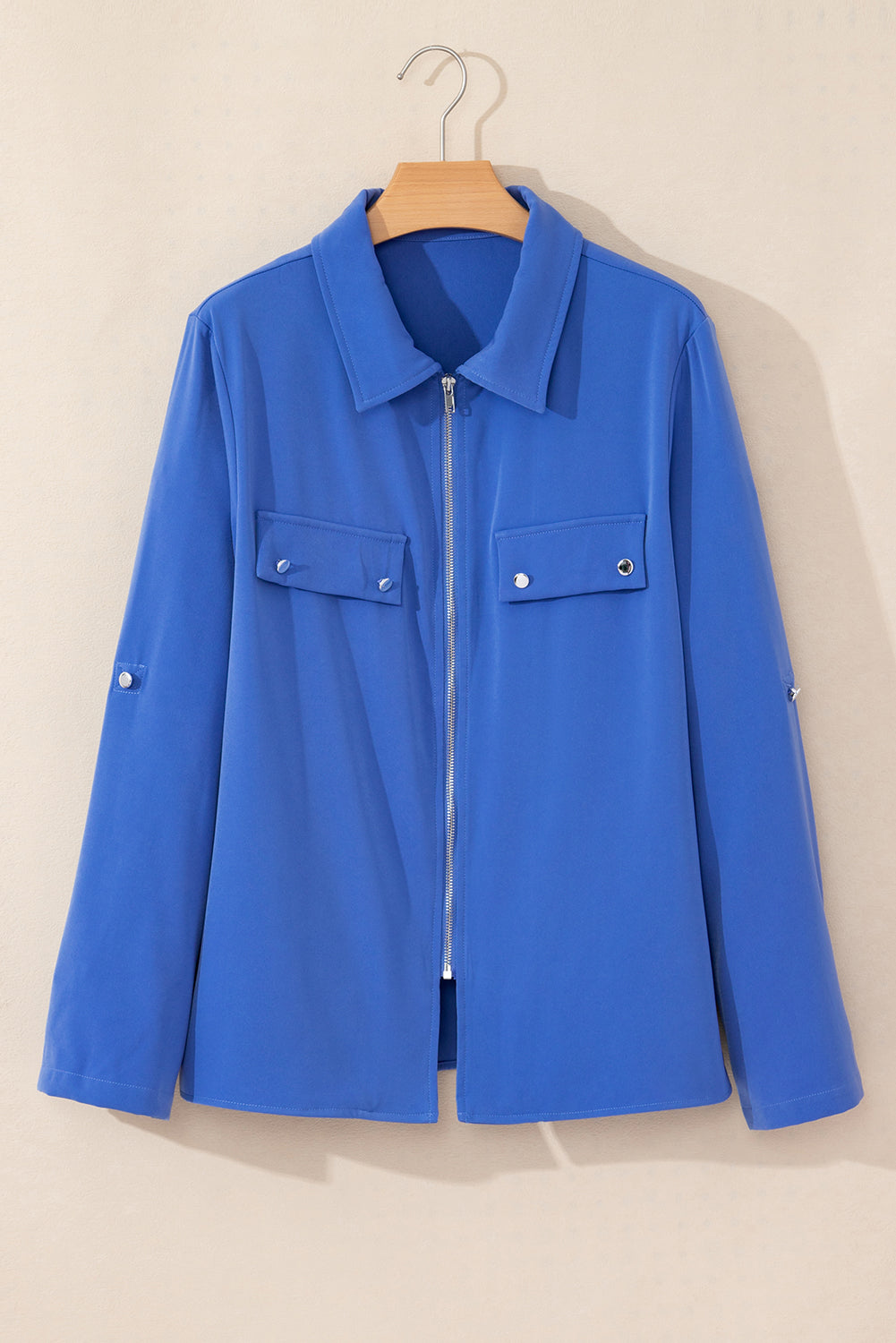 Collar Tab Sleeve Zip Up Flap Detail Jacket | Dusk Blue