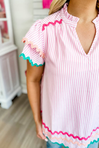 Ricrac Trim Split Neck Striped Ruffled Sleeve Blouse | Pink Stripe