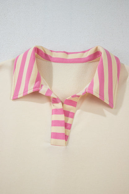 Colourblock Patchwork Collared French Terry Knit Top | Pink Stripe