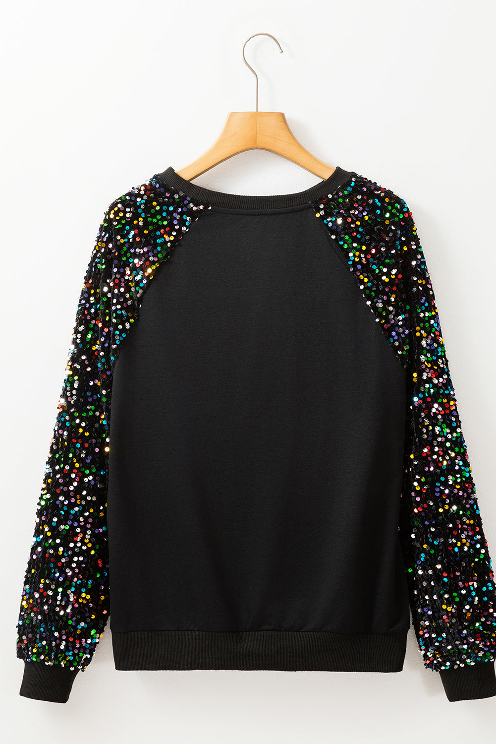 Sequin Raglan Sleeve Crewneck Pullover Sweatshirt | Black