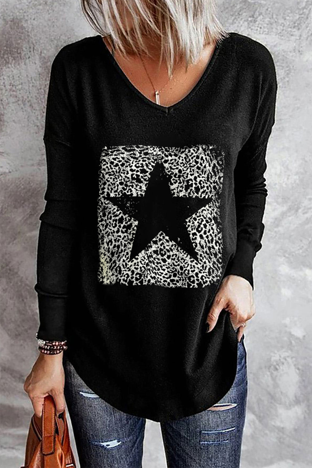 Black Star Print V Neck Long Sleeve Top