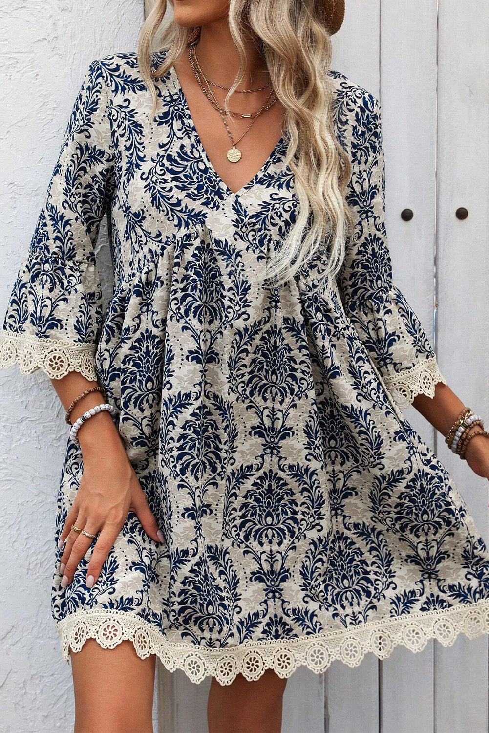 Vintage Printed Lace Trim V Neck 3/4 Sleeve Loose Dress | Sky Blue