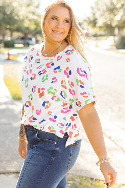 Multicolour Leopard Print Textured Plus Size T Shirt | White