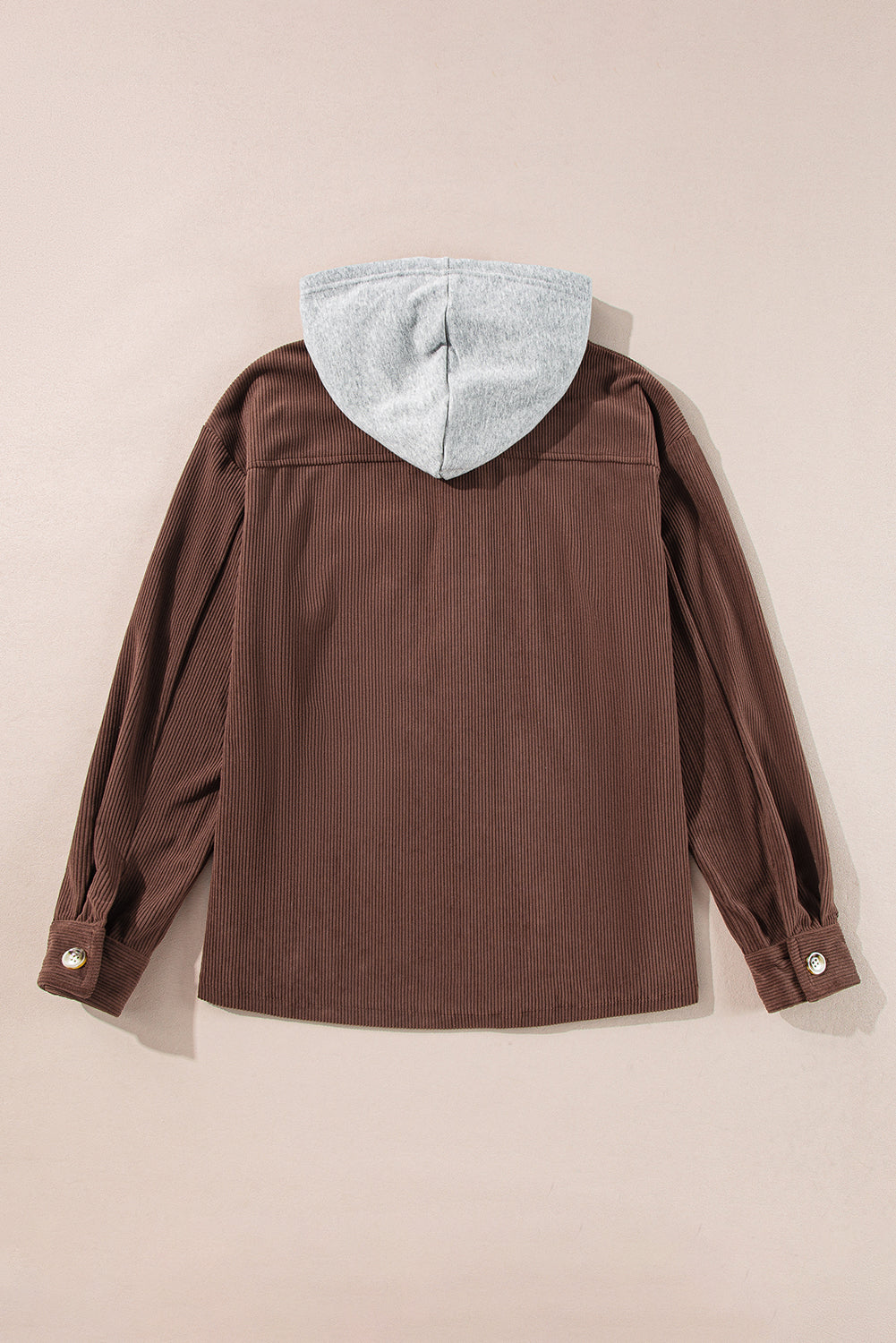 Hooded Drawstring Pockets Corduroy Shacket | Coffee