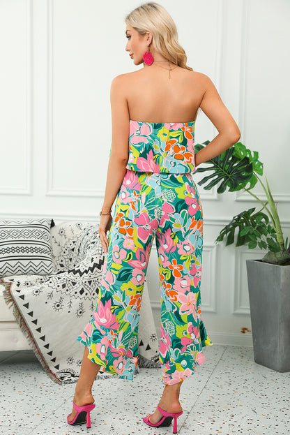 Mix Tropical Print Strapless Ruffled Jumpsuit | Green