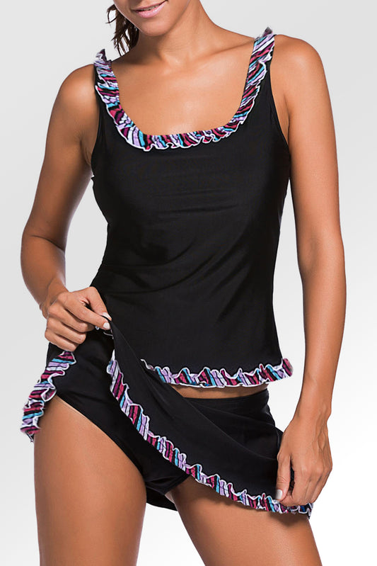 Ruffle Trim Black Active Tank Top and Skort Swimsuit