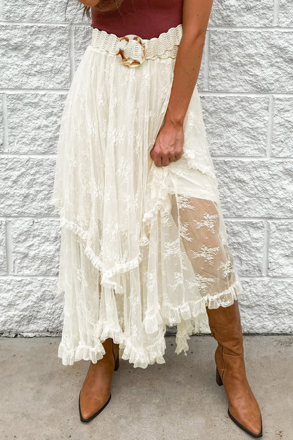 Lace Cascading Tiered High Waist Maxi Skirt | Beige