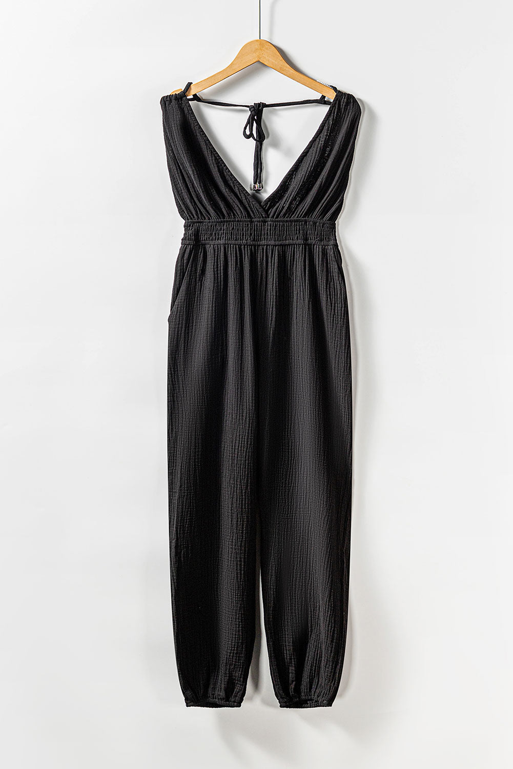 V Neck Knotted Shoulder Backless Pocket Jumpsuit | Black