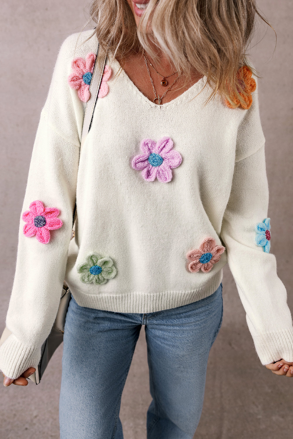 Crochet Flower V Neck Sweater | White