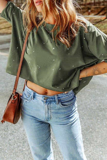 Distressed Bleached Asymmetric Hem Short Sleeve Top | Green