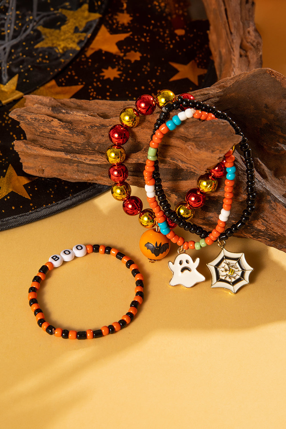 4Pcs Halloween Ghost Spider Web Beaded Bracelet Set | Orange