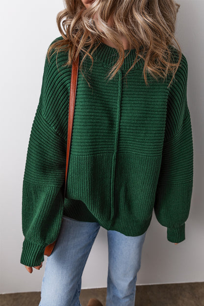 Textured Knit Crewneck Lantern Sleeve Sweater | Blackish Green