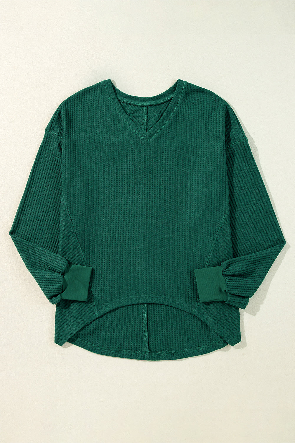 Waffle V Neck Long Sleeve Drop Shoulder Loose Blouse | Blackish Green