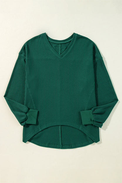 Waffle V Neck Long Sleeve Drop Shoulder Loose Blouse | Blackish Green