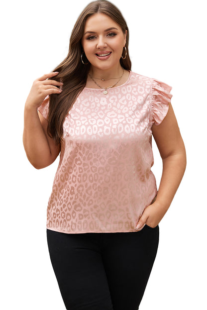 Plus Size Leopard Print Ruffled Flutter Sleeve Satin Blouse | Pink