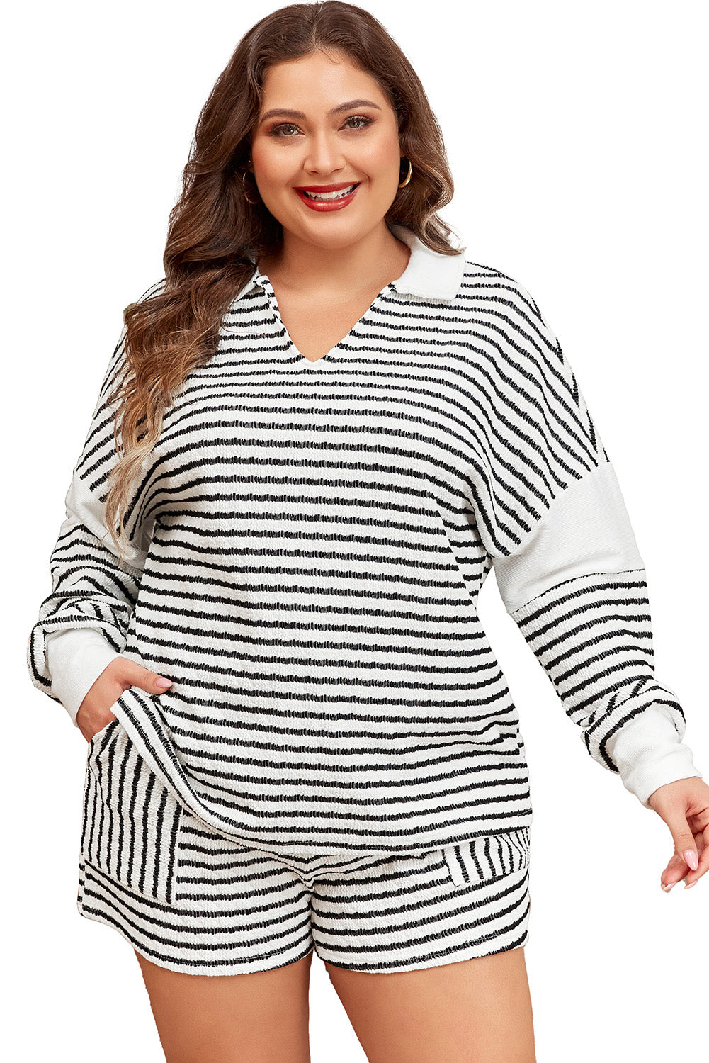 Collared V Neck Long Sleeve Top Plus Shorts Set | Black Stripe