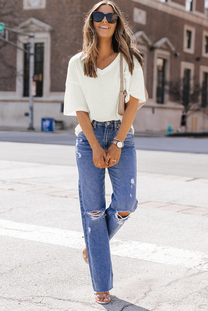 Waffle Knit Drop Shoulder Loose Top | White