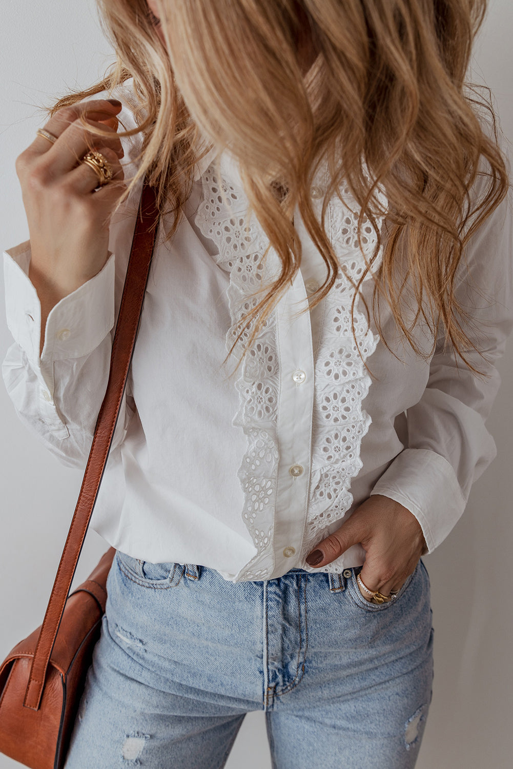 Lace Crochet Trim Turn Down Collar Buttoned Shirt | White