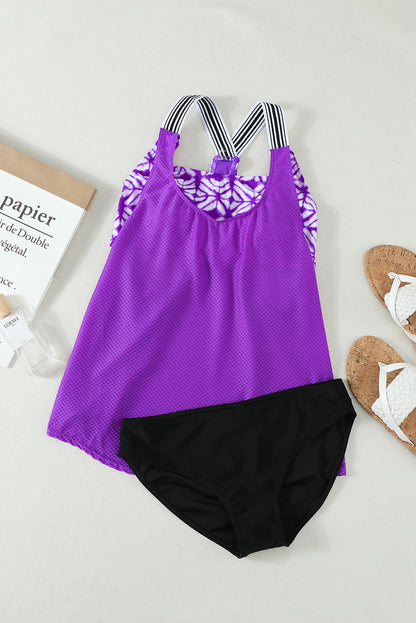 Black Black Orange Printed Splicing Racerback Tankini | Purple