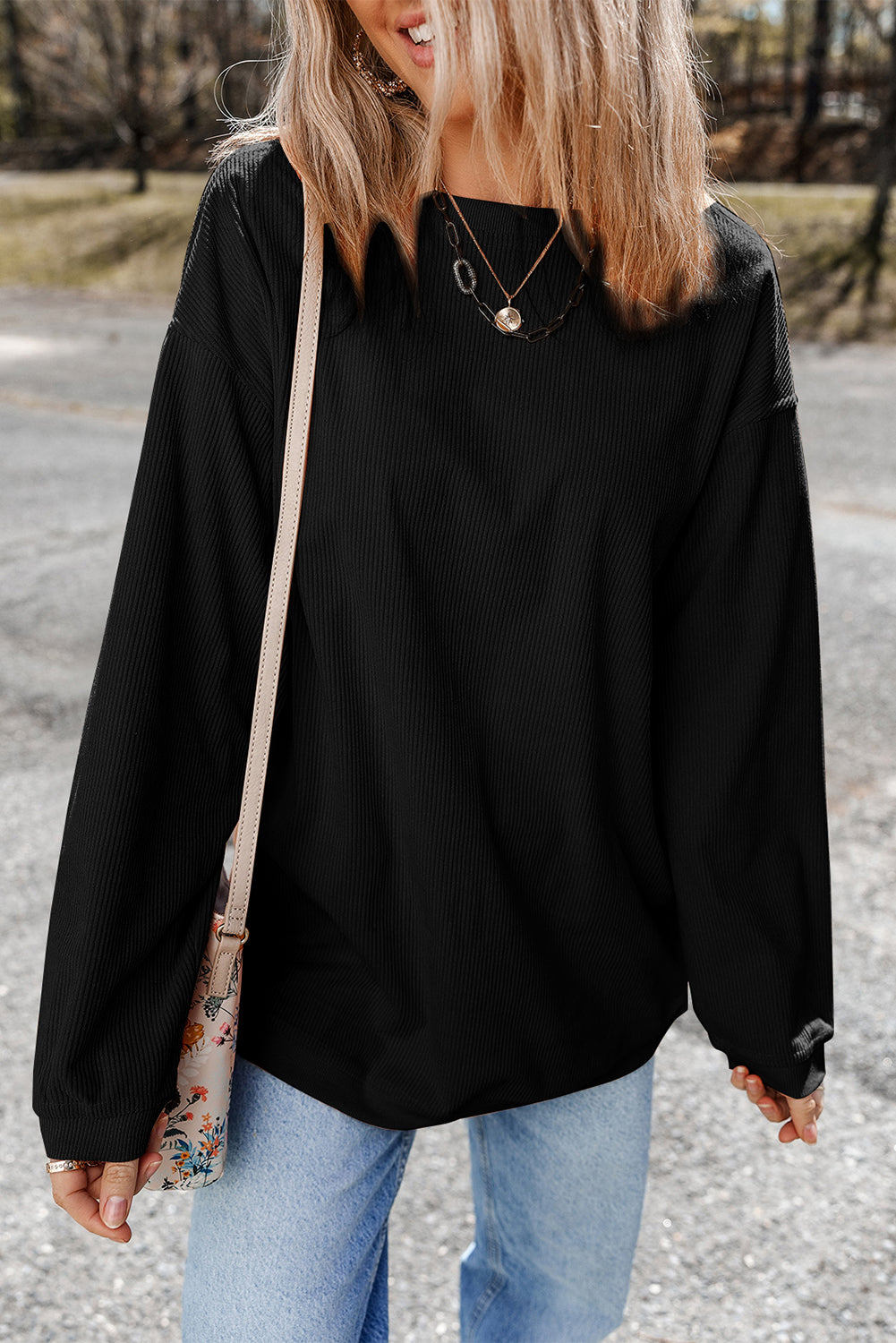 Ribbed Corduroy Oversized Sweatshirt | Black