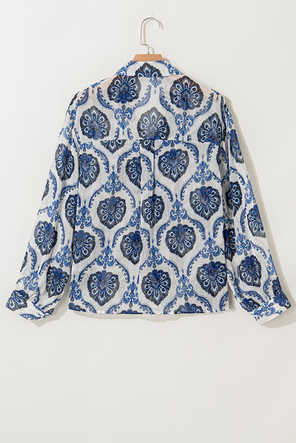 Tribal Pattern Buttoned Front Loose Shirt | Blue