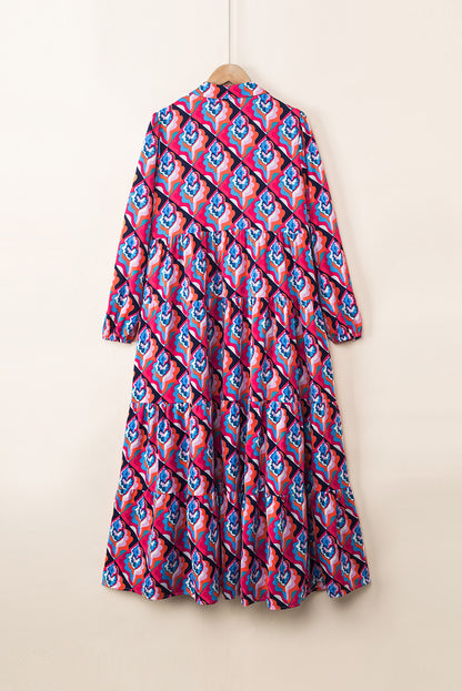 Abstract Geometric Print Long Sleeve High Waist Dress | Multicolour