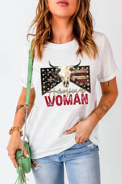 American Woman Bull Skull Graphic T Shirt | White