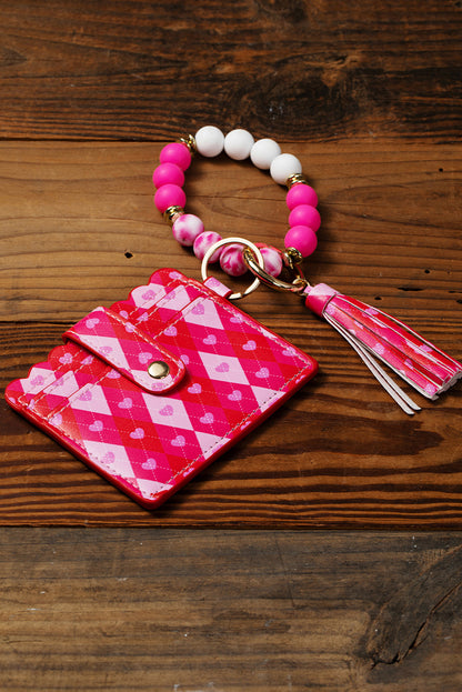 Valentine Fashion Pu Card Bag Key Chain With Silicone Bracelet | Rose Red