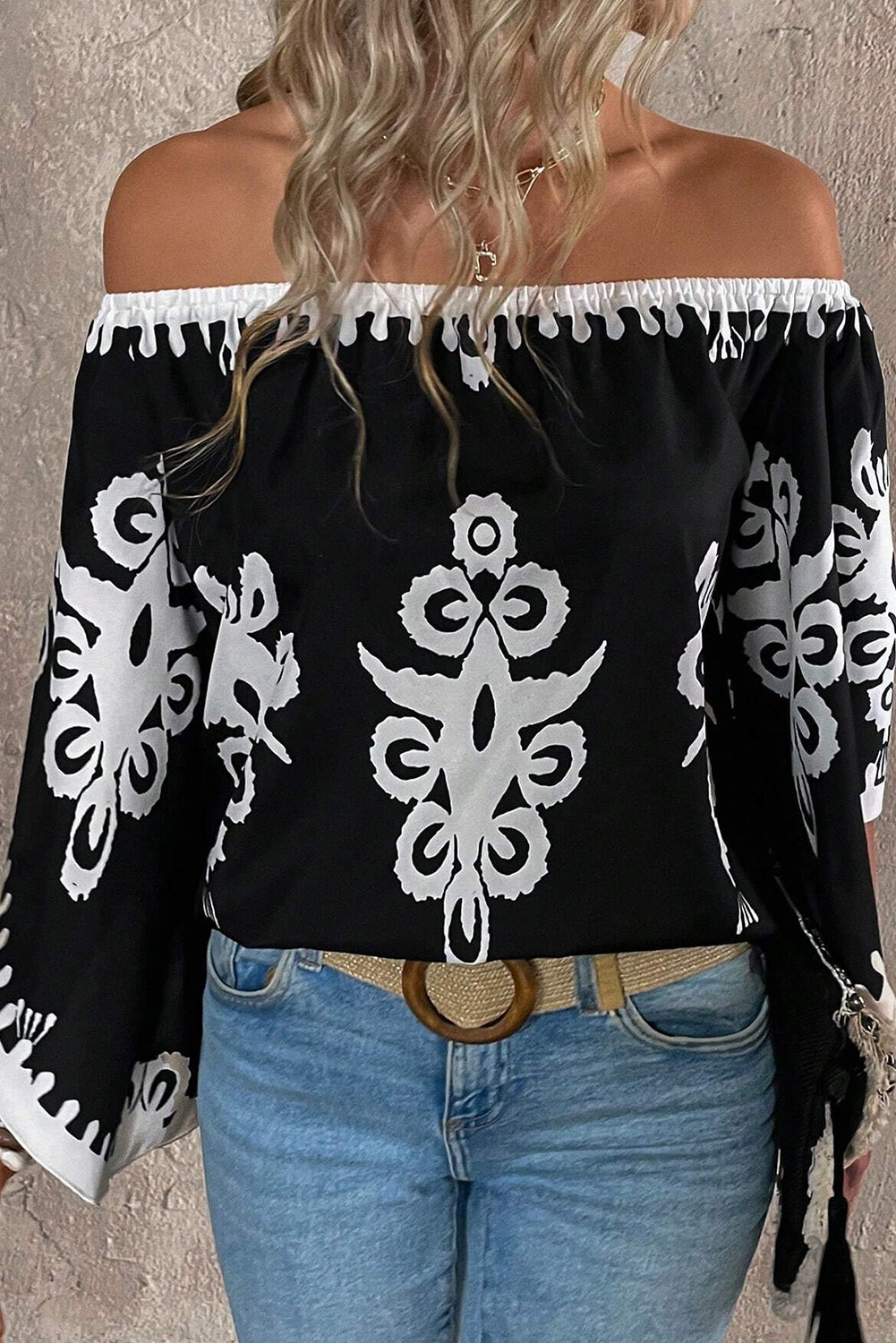 Tribal Printed Off Shoulder Loose Sleeve Blouse | Black