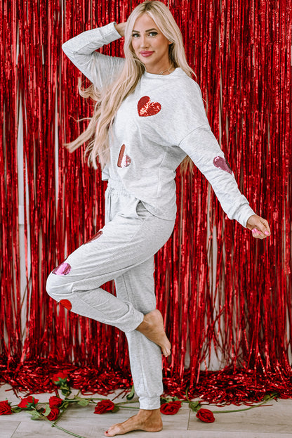 Sequin Valentine Heart Pattern Pullover Jogger Pants Set | Gray