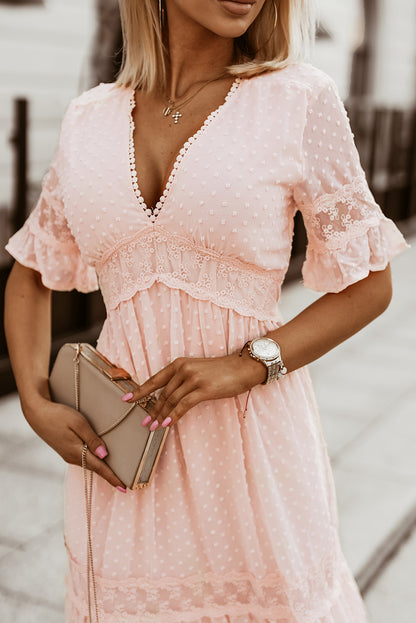 Swiss Dot Lace Trim Maxi Dress | Pink