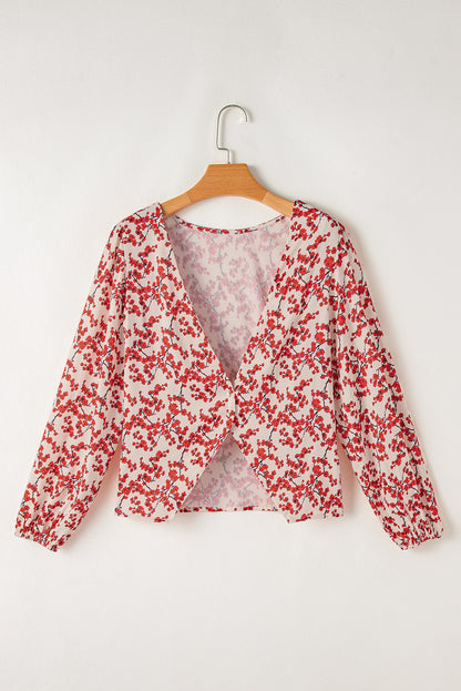 Floral Print Long Sleeve Open Back Blouse | Red