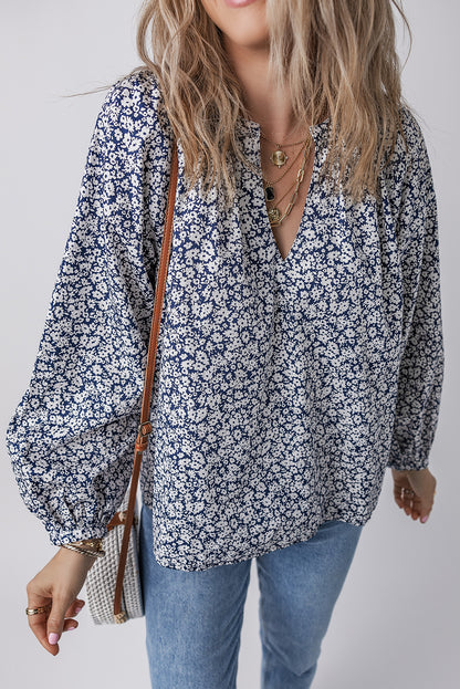 Floral Print Notched V Neck Puff Sleeve Blouse | Blue