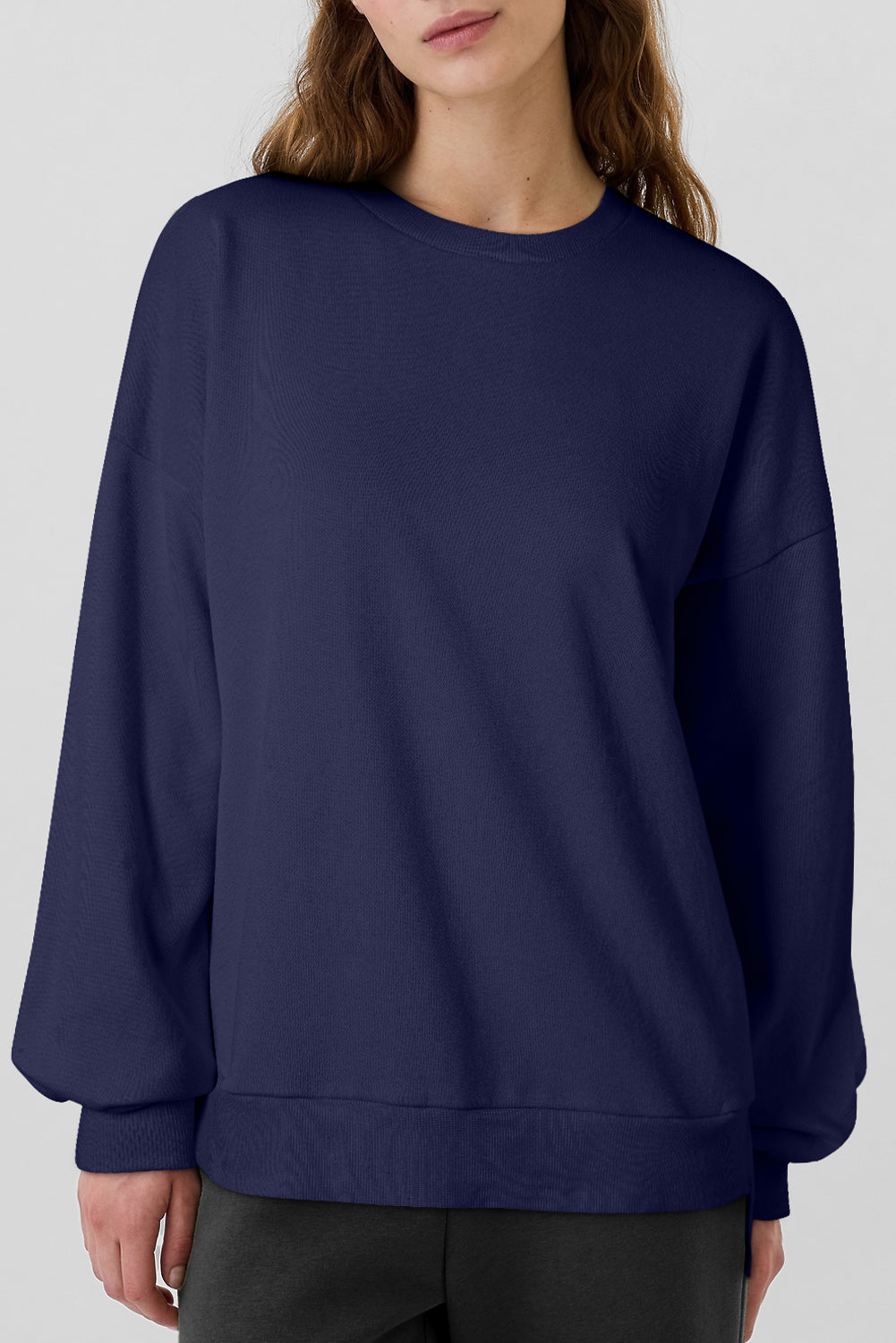 Solid Fleece Lined Drop Shoulder High Low Sweatshirt | Navy Blue