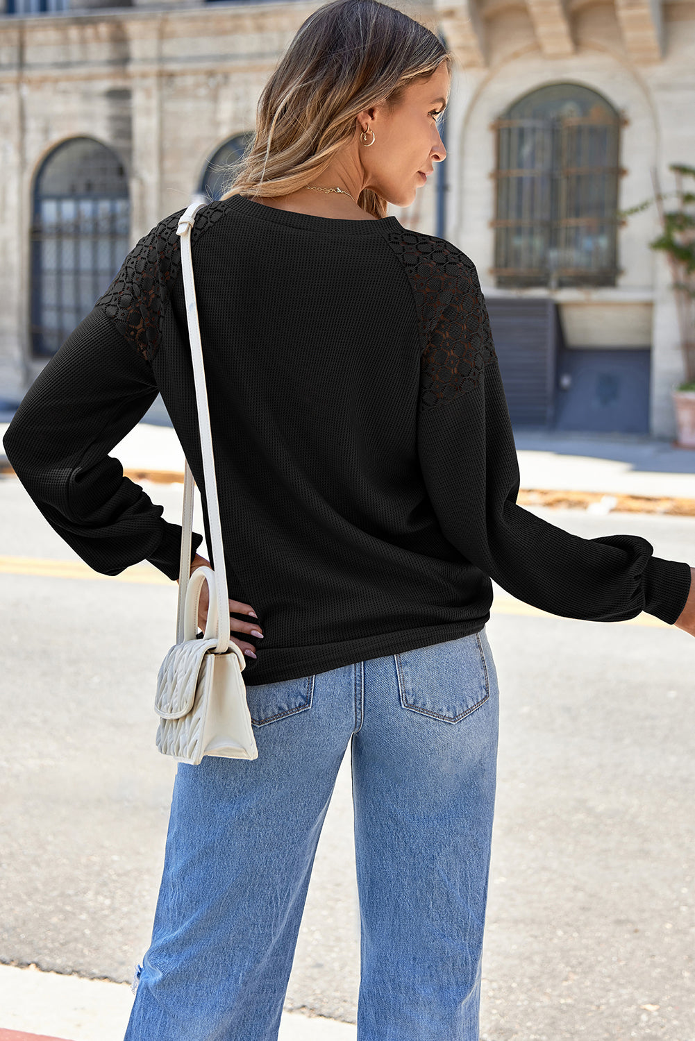 Lace Long Sleeve Textured Pullover | Black