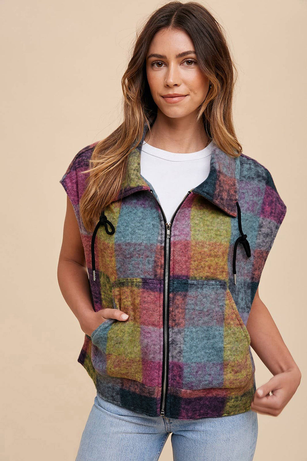 Plaid Print Side Pockets Zipped Loose Vest | Multicolour