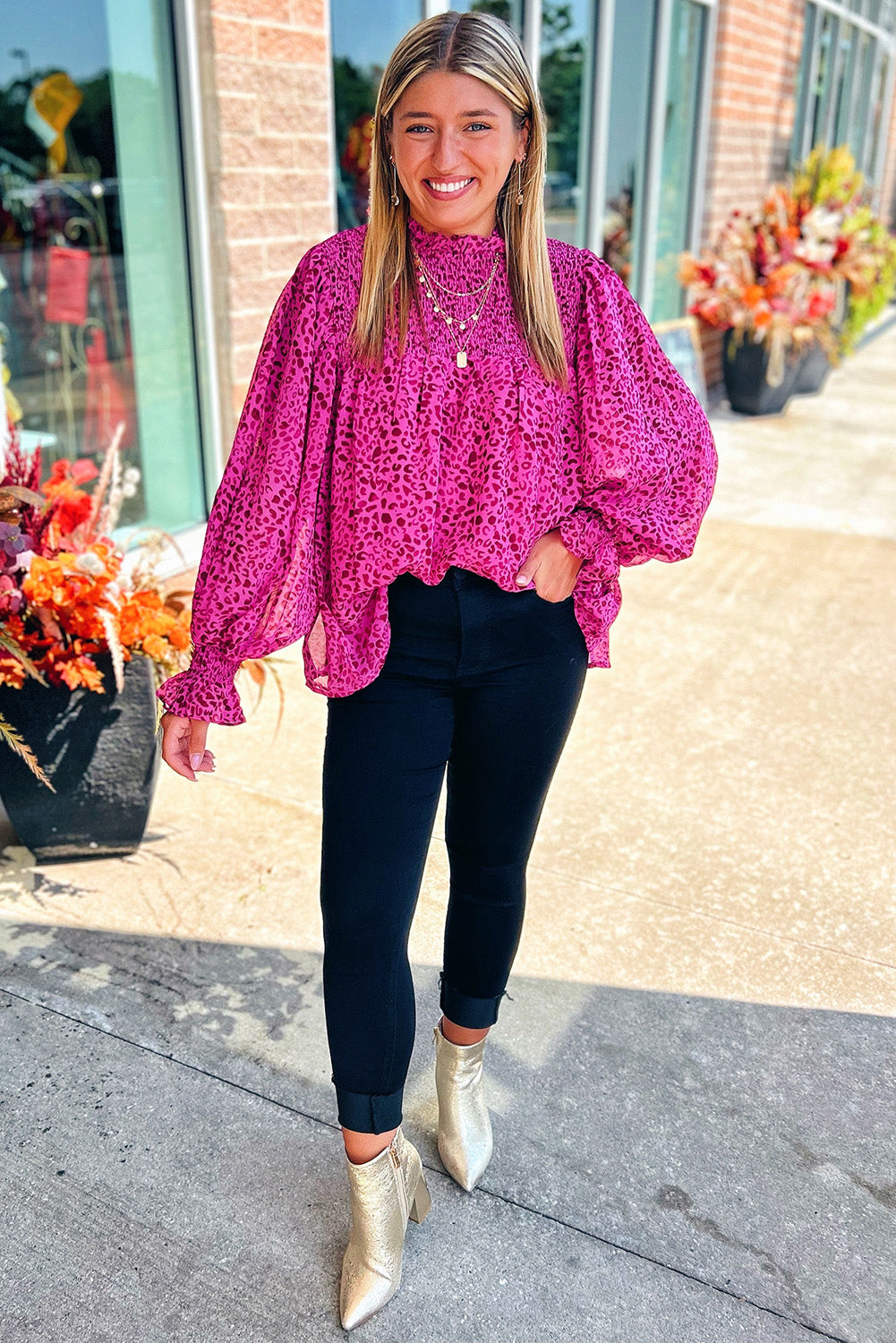 Leopard Shirred Puff Sleeve Flowy Blouse | Rose