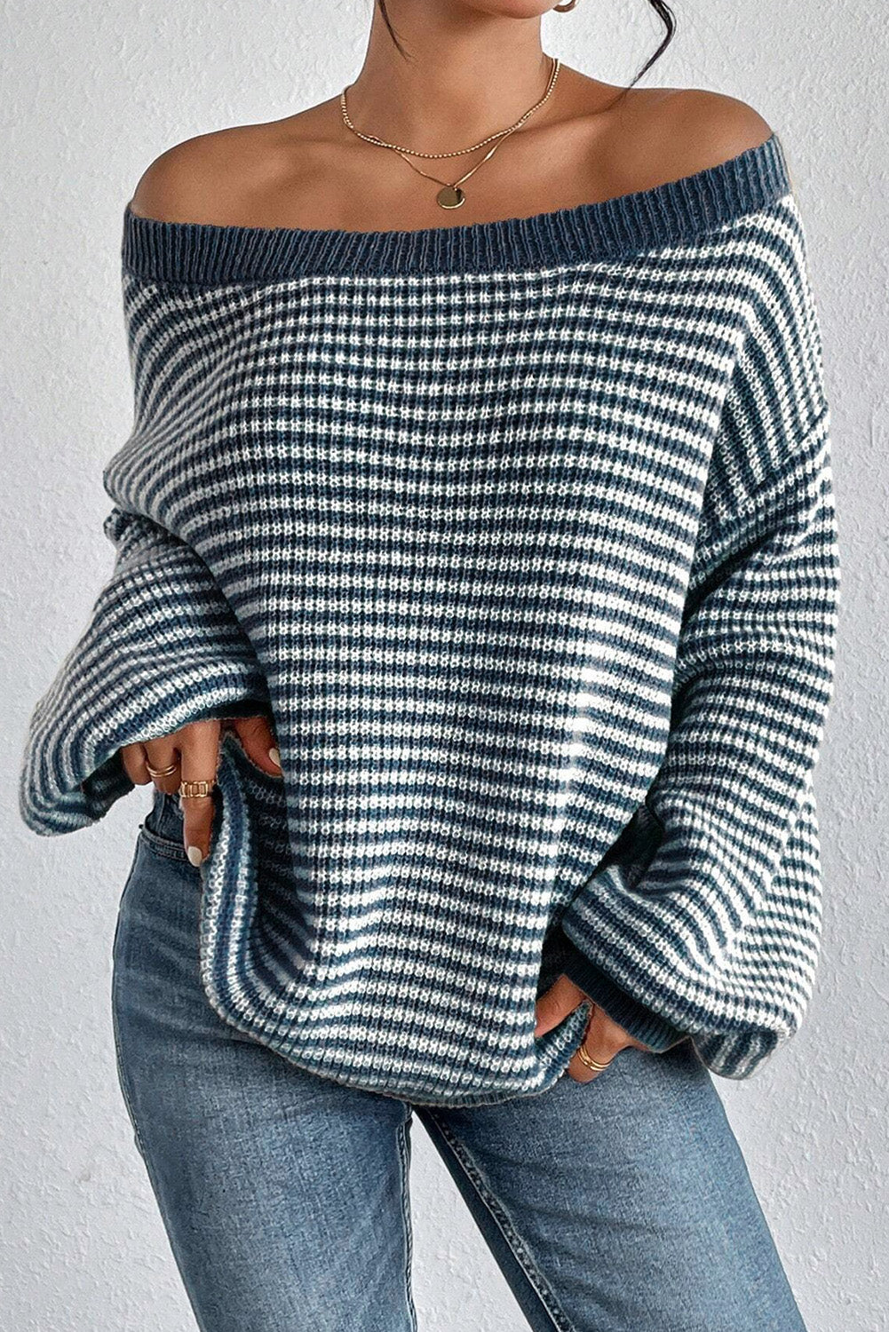 Striped Lantern Sleeve Drop Shoulder Cozy Sweater | Sail Blue