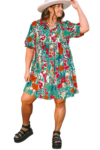 Plus Size Floral Print Puff Sleeve Tie Neck Babydoll Dress | Sky Blue