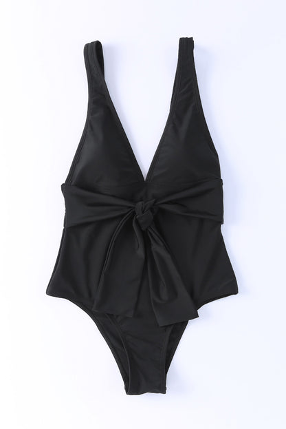 Deep V Neck Tie Waist One-Piece Swimsuit | Black