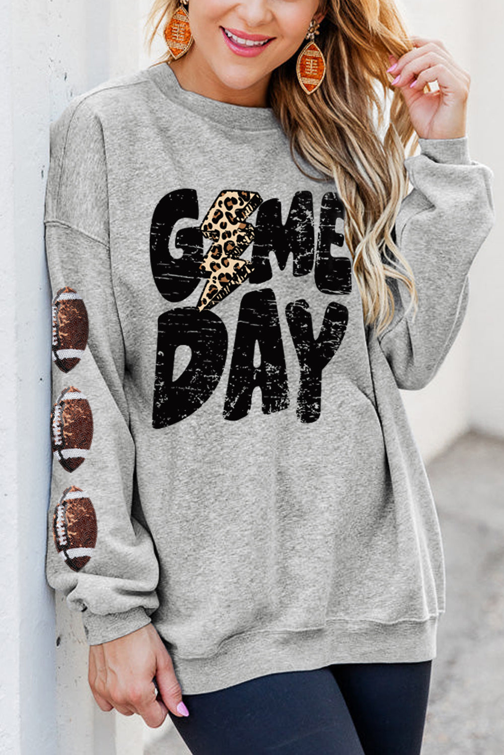 Game Day Sequin Rugby Football Drop Shoulder Sweatshirt | Gray