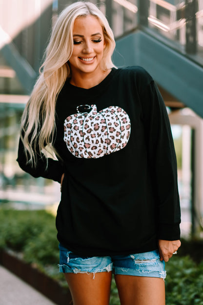 Halloween Animal Print Pumpkin Graphic  Sweatshirt | Black