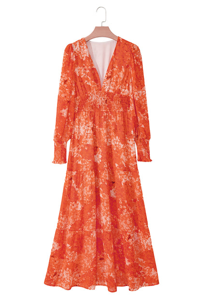 Boho Floral Bishop Sleeve V Neck Tiered Maxi Dress | Orange