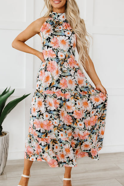 Boho Floral Print Knotted Halter Ruffled Maxi Dress | Black