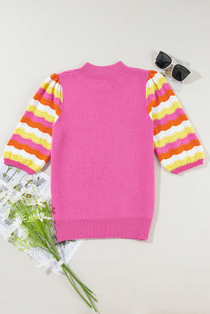 Ribbed Knit Contrast Sleeve Sweater Top | Pink