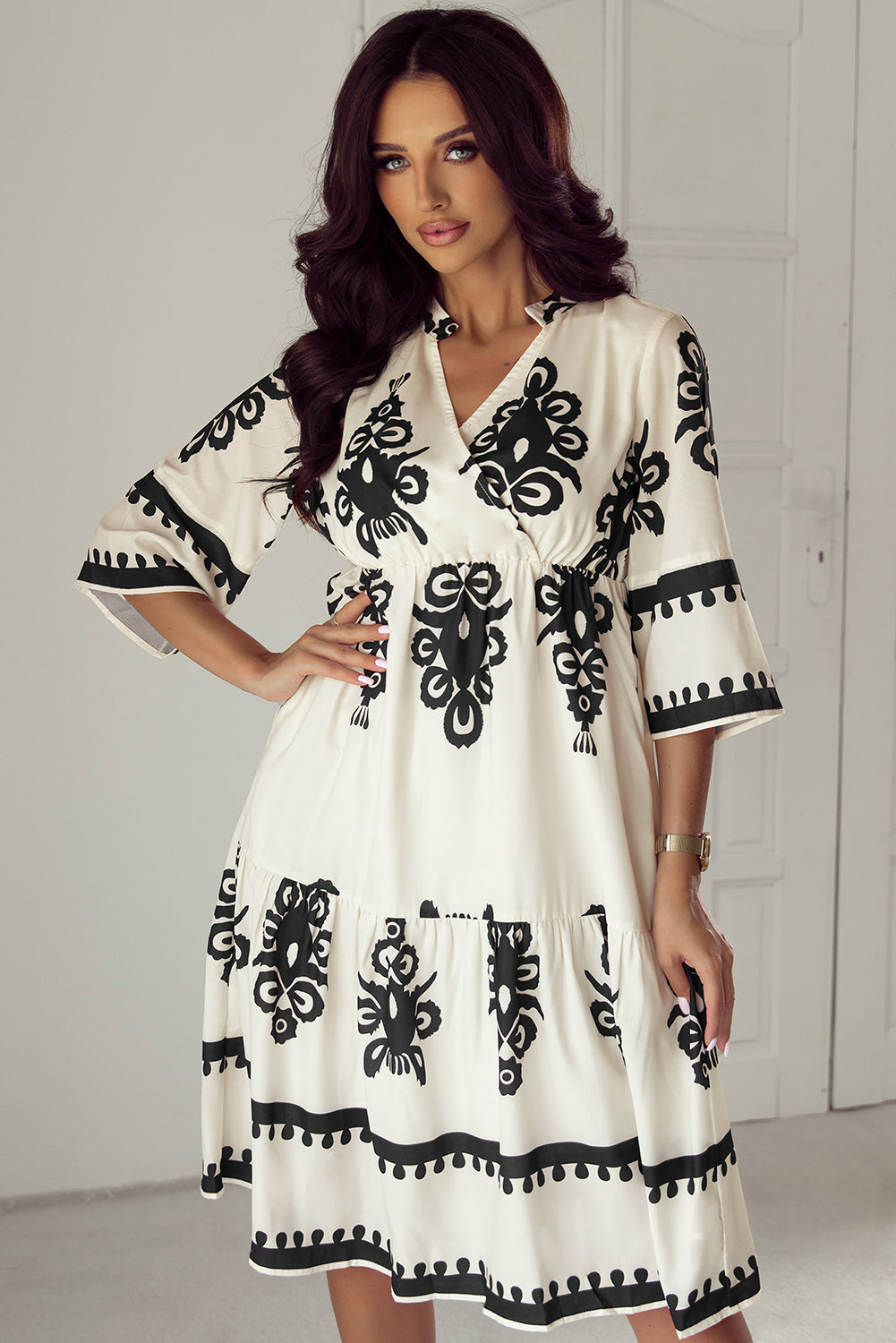 Western Geometric Print 3/4 Sleeve Loose Midi Dress | Beige