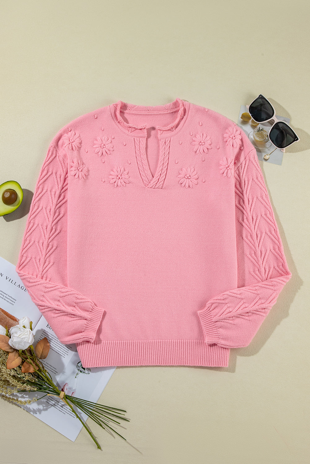 Flower Detail Knitted Notched Neck Sweater | Peach Blossom