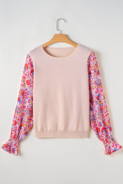 Floral Printed Patchwork Smocked Lantern Sleeve Knit Top | Oatmeal