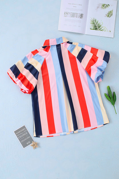 Colour Block Striped Puff Sleeve Buttoned Shirt | Multicolour